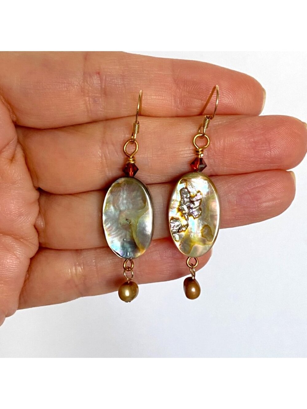 Abalone Pearls Swarovski Crystal GoldFilled Dangle Pierced Earrings Artisan Made